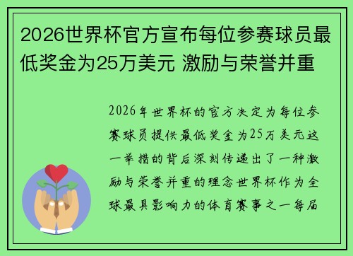 2026世界杯官方宣布每位参赛球员最低奖金为25万美元 激励与荣誉并重 2026世界杯官方宣布每位参赛球员最低奖金为25万美元 激励与荣誉并重